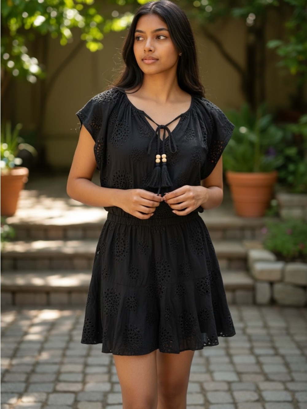 Elan Swim Beach Cover-Up Mini Dress Sheer Eyelet Black Sz M